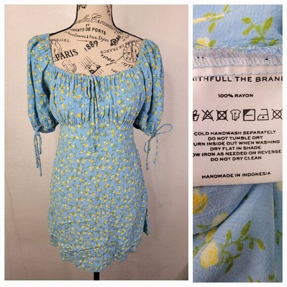 Faithfull The Brand Charlotte Mini Dress 6 Smocked Ditsy Floral Puff Sleeve Boho - Picture 1 of 13